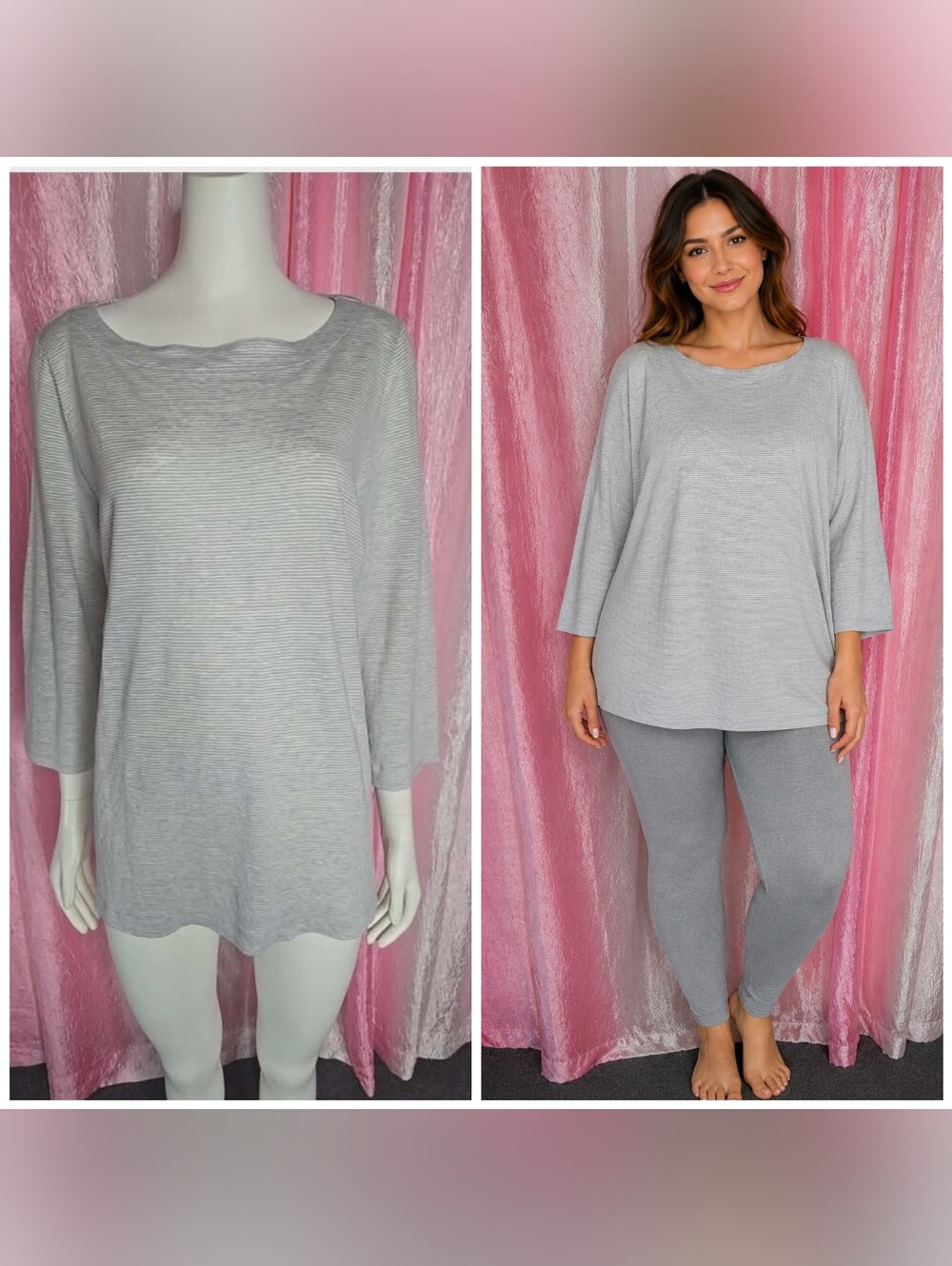 Eileen Fisher Gray Striped 100% Organic Linen Casual Tunic Top Size Large